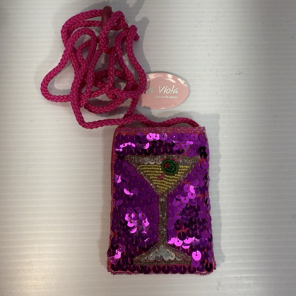 La Viola Martini w/Olive Bag Y2K Crossbody Mini Purse 4" x 3" Pink Sequins NWT